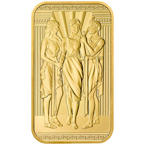 Stunning 1 oz Great Britain Three Graces Gold Bar, .9999 Fine, Royal Mint Engravers
