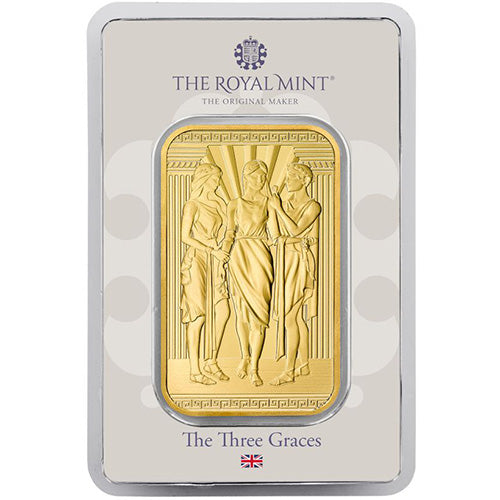 Stunning 1 oz Great Britain Three Graces Gold Bar, .9999 Fine, Royal Mint Engravers