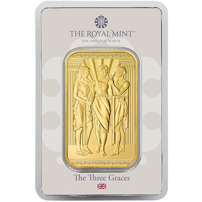 Stunning 1 oz Great Britain Three Graces Gold Bar, .9999 Fine, Royal Mint Engravers