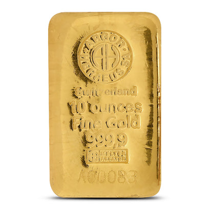 Premium 10 Ounce Argor Heraeus .9999 Fine Gold Cast Bar Investment