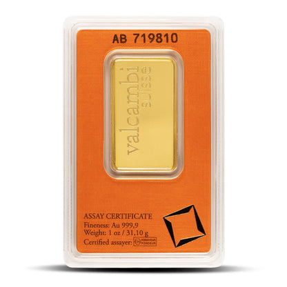 New 1 Ounce Valcambi Suisse .9999 Pure Gold Bar with Assay Card