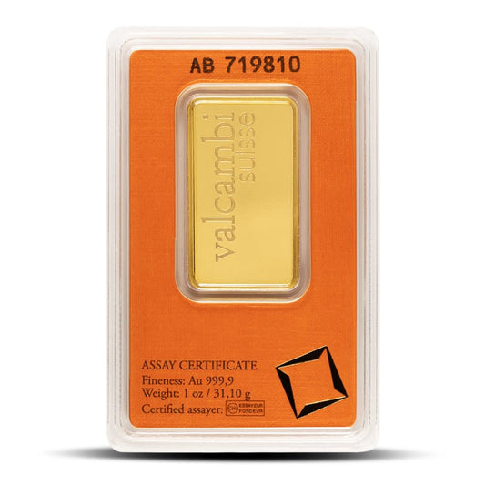 New 1 Ounce Valcambi Suisse .9999 Pure Gold Bar with Assay Card