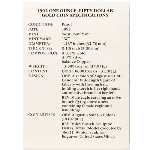 Collectible 1992-W 1 Oz Proof American Gold Eagle Coin, Box & Certificate